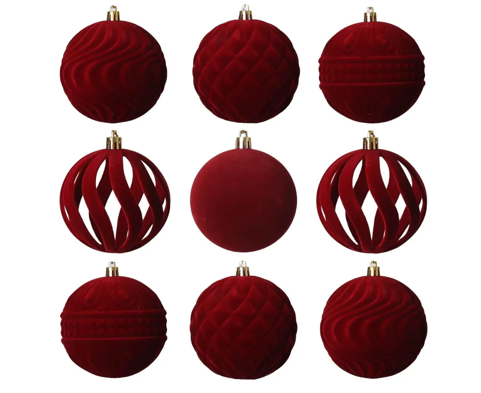 A set of nine deep red, affordable velvet Christmas ornaments in assorted designs, including swirls, lattice patterns, and open-frame spheres. The rich textures and classic colors add a luxurious touch to holiday decor.